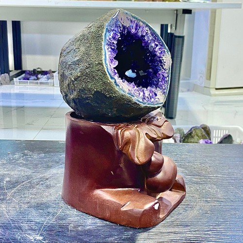 7.74LB Uruguay Natural Amethyst Money Bag Cave Decoration+Bracket - 第 15/15 張圖片