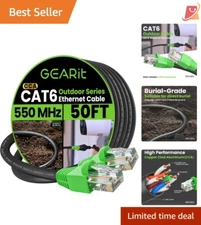 Outdoor Ethernet Cable Cat 6 10Gbps Waterproof UV Resistant 50FT Black