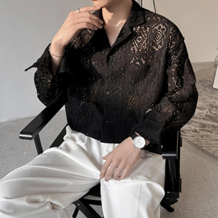 Hot мужской выдалбливают кружева рубашка прозрачный кнопка вверх блузка верхний пляж вечеринки - Изображение 2 из 4