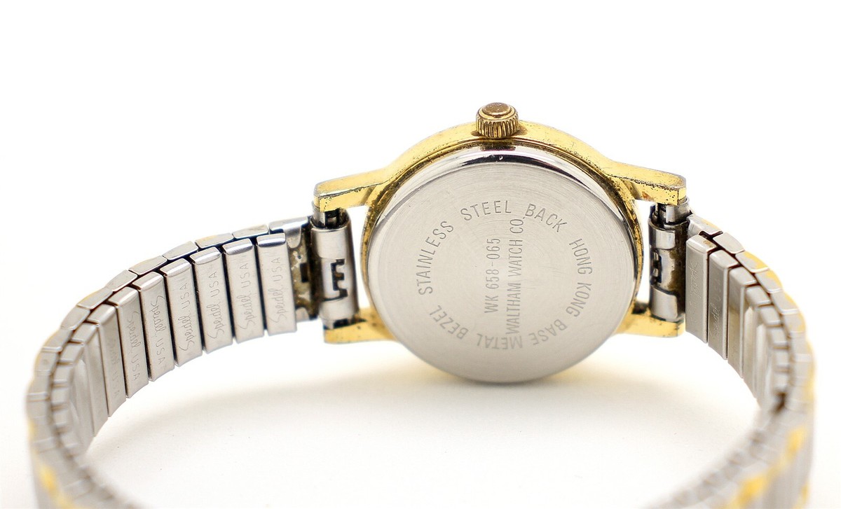 Waltham WA34LB Gold Tone & Silver Tone Quartz Watch W/ Stretch Band & Box Waltham Watch TESTED & WORKS 100 FT Quartz Japan Movt Date  main image 2