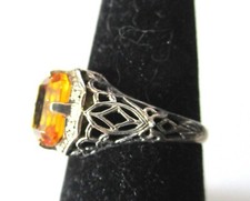 Sterling Silver Deco Filigree Amber Stone Ring Size 7