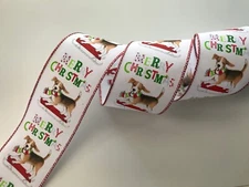 Christmas Ribbon, Beagle with Sled, 2 1/2" Wide, Wired Edge, 3 YARDS