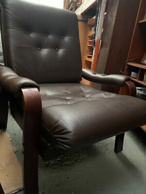 Vintage retro mid century Danish wood brown faux leather chair armchair MCM  UK