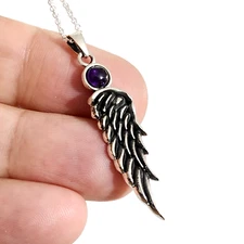 Angel Wing Amethyst Necklace Pendant Gemstone 925 Sterling Silver Chain & Boxed