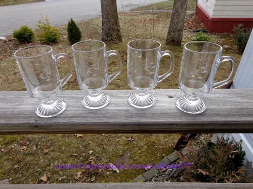 4 Vtg PRINCESS HOUSE Heritage Footed IRISH COFFEE MUGS Clear Etched Cut Floral
