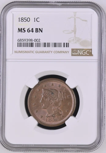 1850 Braided Hair Cent NGC MS-64 BN