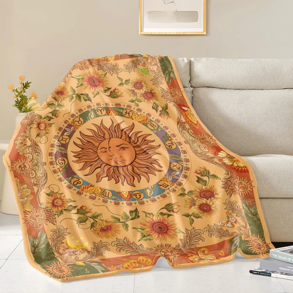 Orange Sun and Moon Fleece Throw Blanket, 70s Vintage Boho Sunflowers Constel... - Image 2 of 4