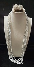 Vintage Bohemian Glass Six-Strand Necklace  Pierced Earring Set White/Blue 90's