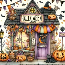 Halloween Pumpkin Bat Shop Diamond Art Kits for Adults, 5D Diamond Painting Kits