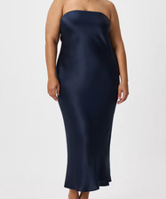 Quince Women's 100% Washable Silk Strapless Midi Dress Navy Blue Size XS NWT