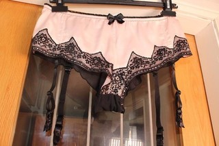 POT MOI PINK SATIN & SHEER & LACE KNICKERS TANGA PANTIES 4 SUSPENDERS SIZE 14