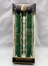 Beeswax Christmas Candles Long Skinny Pine Tree Frosted Forest Green Holiday 12"