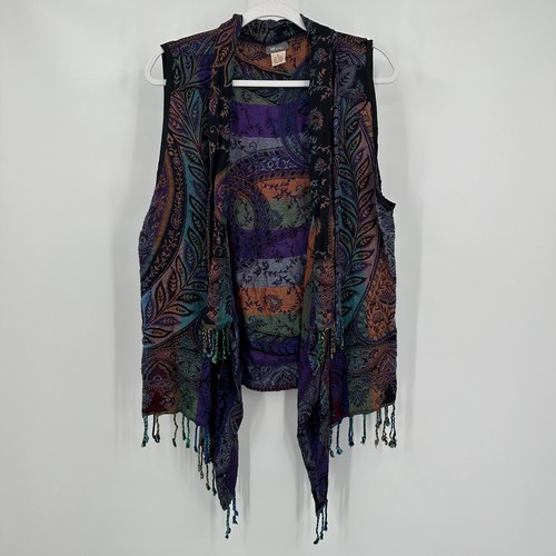 Anu Womens Open Front Vest Fringe Size L Boho Hippie Retro Festival Artsy