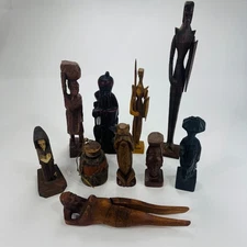 (LOT of 10) Mexican Hand Carved Wood Sculptures Man Warrior Shield Monkey Priest