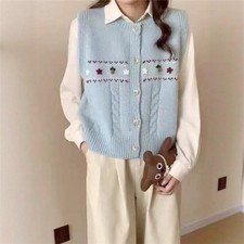 Lady Knit Vest Cardigan V Neck Embroidery Tank Top Gilet Sleeveless Sweater Cute