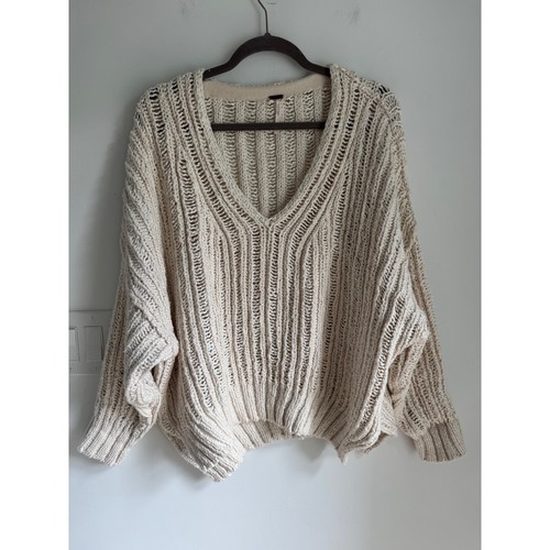 Free People Cream Chunky Open Stitch Ribbed V-Neck Cotton Sweater M