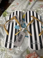 Samba Sol Women's Flip Flops Black White Stripe Gold Brand New Size 5/6