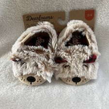 Dearfoams Furry Beige Kids Slippers Baby Bear Size 3-4 Slip On New Memory Foam