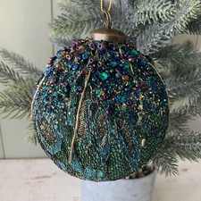 10cm Sequin Bead Turquoise Christmas Tree Bauble Gisela Graham Peacock Decor