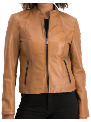 Jacket Leather Womens Women Xl Moto Motorcycle Biker Soft Vintage Size Camel 110