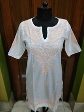 CREDITABLE TOP 2XS 34" HANDMADE 100 COTTON ETHNIC TUNIC KURTI CHIKAN EMBROIDERY