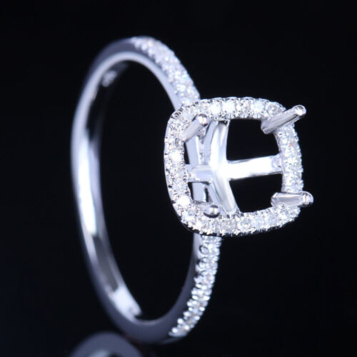 10K WHITE GOLD 7x6MM CUSHION HALO DIAMONDS ENGAGEMENT WEDDING SEMI MOUNT RING - Picture 1 of 6