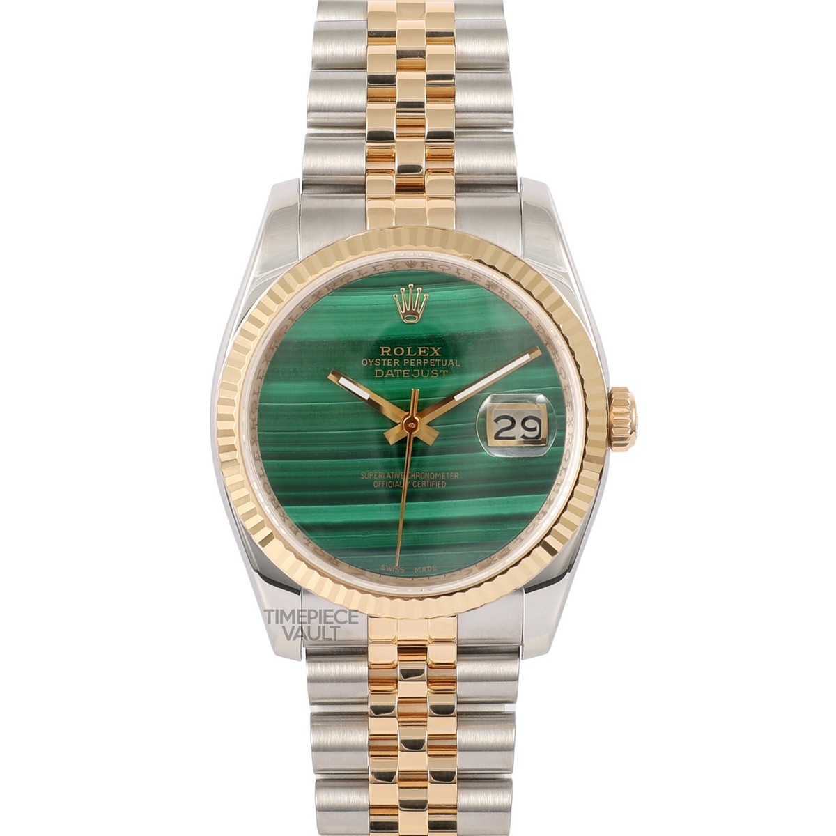 ROLEX MEN DATEJUST 116233 GOLD STEEL 36MM GREEN MALACHITE DIAL 18K
