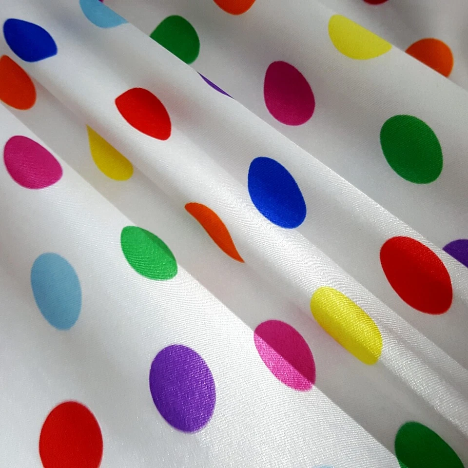 MULTI COLOR POLKA DOT ON WHITE SATIN CHARMEUSE FABRIC 3/4" DOT 58" BY THE YARD  - Image 4 of 4