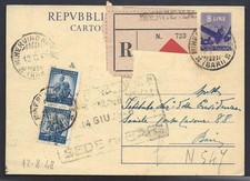 POSTAL HISTORY REPUBLIC 1948 Whole 8L Raccom. from Minervino to Bari (FSA)