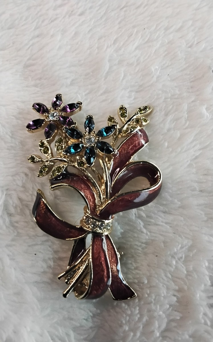 Vintage MONET Rhinestone Brooch Flower Bouquet Ribbon Bow Enamel