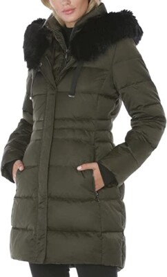 T Tahari Women's Fitted Puffer Jacket with Bib and Faux Fur Hood Size XS OLIVE