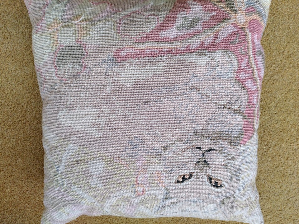 Vintage Ehrman pink cat stitched needlepoint cushion cover Sarah