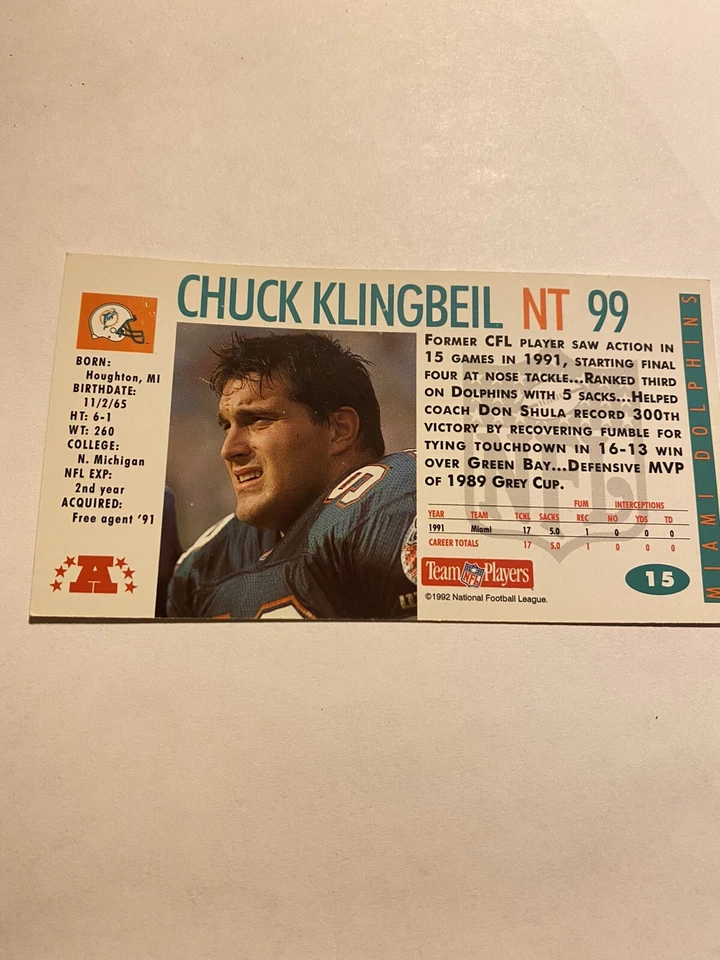 1992 GameDay Football Card #15 Chuck Klingbeil RC - Image 2 of 2