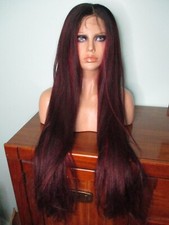 38" black and burgundy red mix long straight LACE FRONT wig - baby hairs