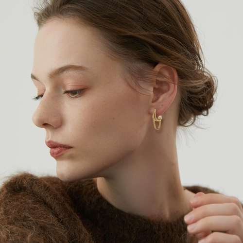 Gold Chain Earrings for Women Trendy Dainty 925 Sterling Silver Post 14k Gold Pl - Picture 5 of 9