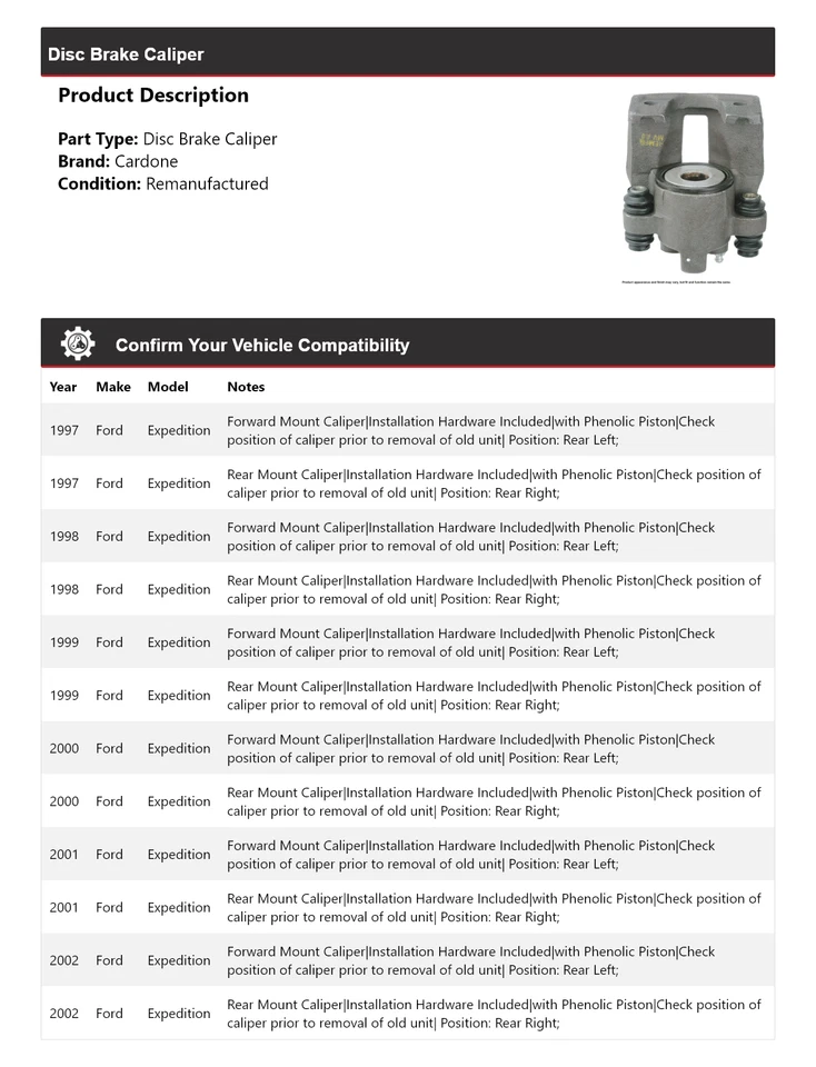 Pinza de freno de disco Cardone para Ford Expedition 1997-2002 1998 1999 2000 2001 Foto 2 de 4