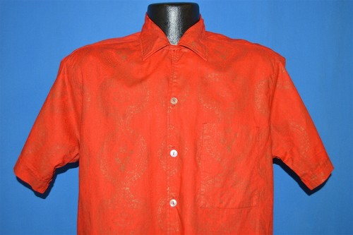 vintage 60s SEARS RED GOLD DAMASK ALOHA HAWAIIAN LOOP COLLAR SHIRT MEDIUM M - Picture 3 of 6