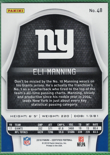 2018 Panini Certified Eli Manning Mirror Orange /225 - Picture 2 of 2