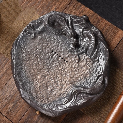 tea tray water reservoir & draining handmade dragon embossed ceramic tea table - Picture 7 of 13