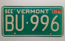 1972 VERMONT "PASSENGER" LICENSE PLATE (BU-996) W/75 RENEW. STKR.