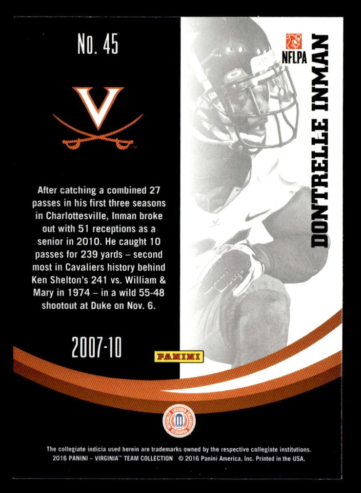 Dontrelle Inman 2016 Panini Collegiate Card #45 Virginia Cavaliers - Image 2 of 2