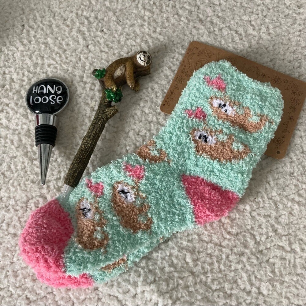 Sloth Lover Bundle includes Fuzzy Socks, Writing Pen and Wine Stopper NEW