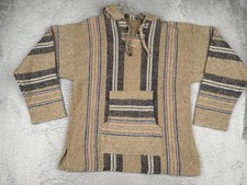 Baja Hoodie Mens Large Beige Striped Kangaroo Pocket Hippie Poncho Drug Rug