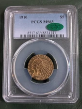 1910 $5 INDIAN HEAD GOLD HALF EAGLE PCGS MS63 CAC (Code 666