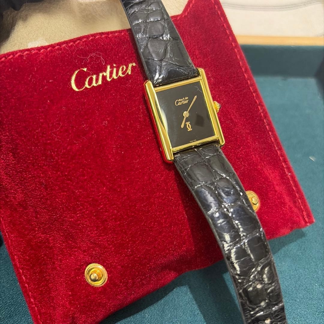 Cartier Watch Must Tank Black K18YG Case Leather Belt Vintage Authentic w/Poach
