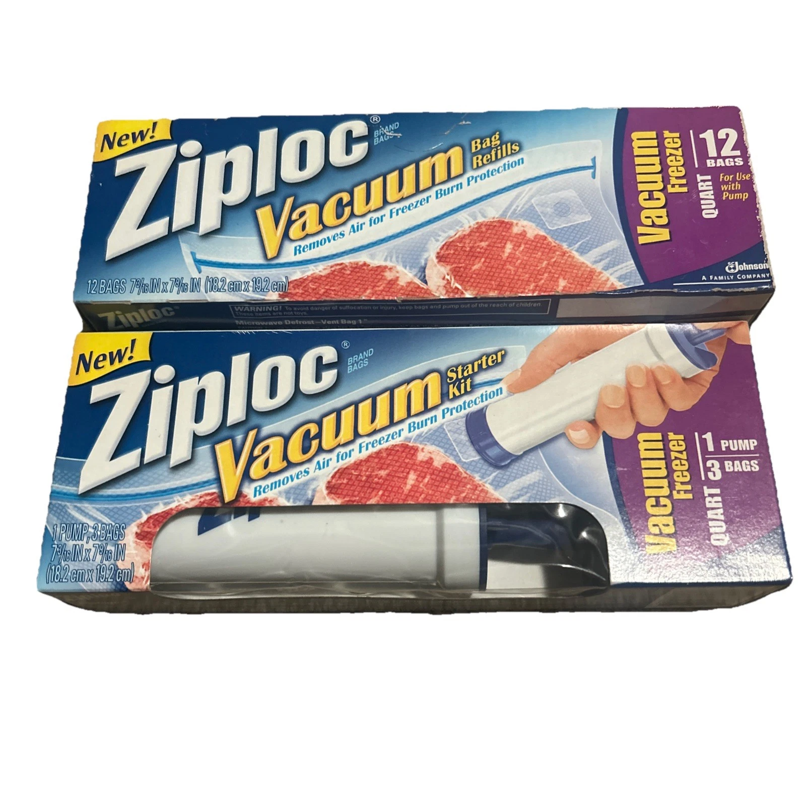NEW Ziploc Vacuum Starter Kit Freezer Pump & New Box Of 12 Quart Bags Free Ship