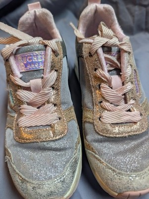Skechers Memory Foam Glitter Lace-Up Low Top Sneakers Gold Gray Pink girls