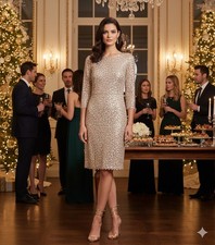 ✨ Kay Unger Sequin Cocktail Dress | Gold Beige 3/4 Sleeve Scoop Back  Size 8✨