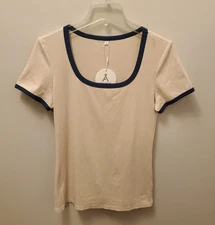 Women's New w/tags Anrabess Top Size L, Cream w/blue trim, Short Sleeve, CUTE!!