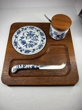 Vintage Dolphin Teak Blue Onion Tile Cheeseboard With Porcelain Jar With Top